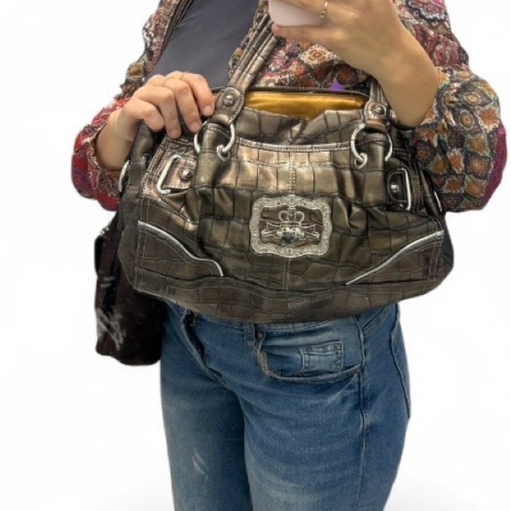 Kathy Van Zeeland Metallic Croc Embossed Satchel Bronze Double Handle Handbag